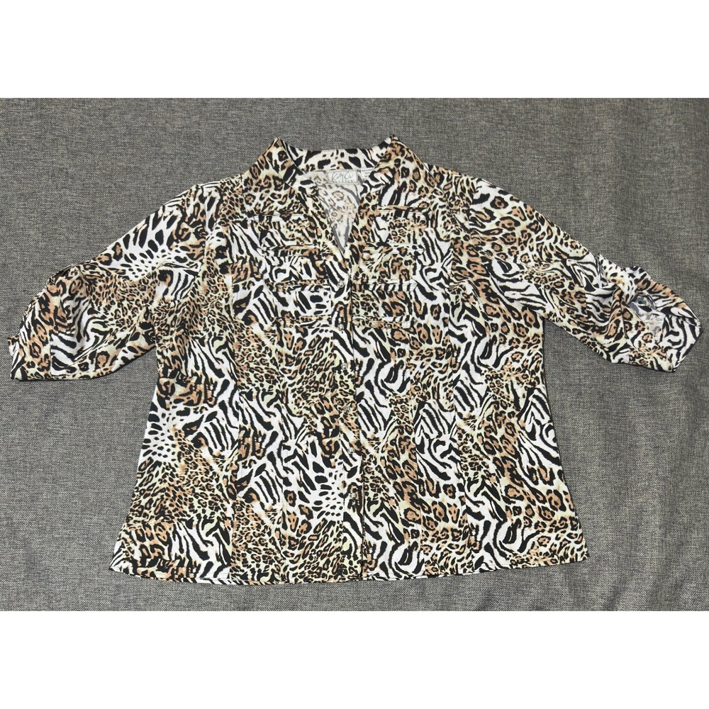 Cathy Che Women's 18/20W Button‎ Up Shirt Animal Print Leopard Zebra Stretch